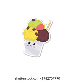 Summer sticker or emoji design in shape of ice-cream paper cup with adorable cartoon smiling face, flat vector illustration isolated on white background.