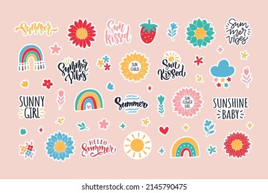 Summer sticker flat vector illustration. Trendy hand drawn rainbow, quotes, sunflower. Set of cartoon symbol of weekly or daily planner, to do list, diaries, organizer.