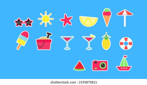 Diseño plano de conjunto de iconos de pegatinas de verano