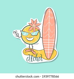 Summer sticker with a Lemon surfer and the inscription Aloha. Vector illustration