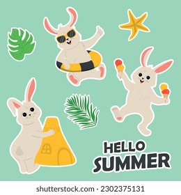 Summer sticker pack with rabbit. Cute cartoon bunny collection. Summer time vector illustration