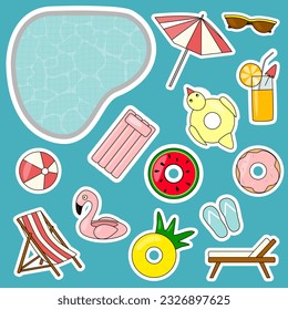 Summer sticker pack with swimming pool, inflatable rings, cocktail, umbrella, sunglasses, vector