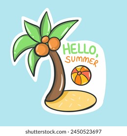 summer sticker with palm tree and ball, seasonal lettering 