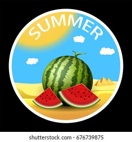 Summer sticker. Realistic watermelon with slices. Travel concept. Vector illustration