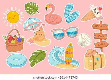 Summer sticker set with beach icons and pink background