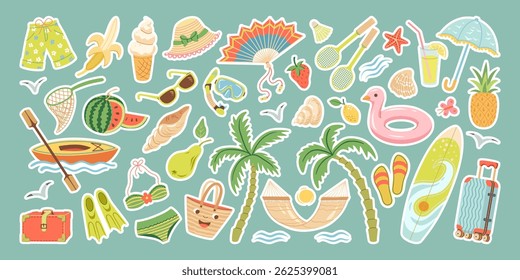 Summer sticker set. Bright summertime sticker pack with beach elements, fruits, clothes, and travel accessories. Tropical summer holiday stickers for print, social media, card, banner, sales, package.