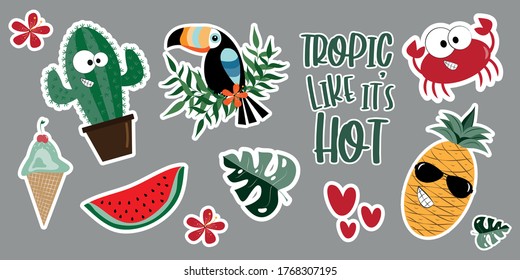 Summer sticker set- Cute cactus, crab, toucan, watermelon, pineapple, palm leaf, hibiscus , and hearts.