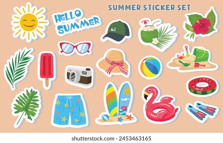 Summer sticker set. Summer element sticker. Summer holiday beach. Cartoon flat vector isolated on white bạckground