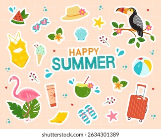Summer sticker set. Exotic beach vacation, scrapbooking, stickers collection. Flamingo, cocktail, swimsuit, sunscreen and other travel or vacation elements. Vector illustration