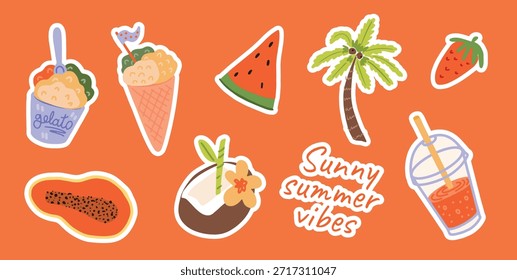 Conjunto de pegatinas de verano con fruta, helado, helado, palmera y bebida tropical. Divertido y colorido Clipart de vacaciones para la playa, vacaciones, viajes y diseño tropical. Para tarjetas, carteles, Anuncios, Web
