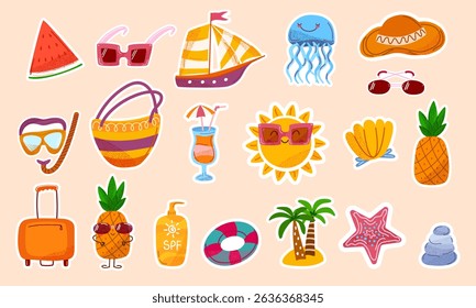Summer sticker set with fun cartoon icons. Cute elements for summer beach relax, travel, holiday, vacation. Perfect for planners, cards, prints, or kids designs. Vector illustration