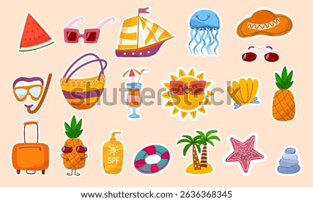 Summer sticker set with fun cartoon icons. Cute elements for summer beach relax, travel, holiday, vacation. Perfect for planners, cards, prints, or kids designs. Vector illustration