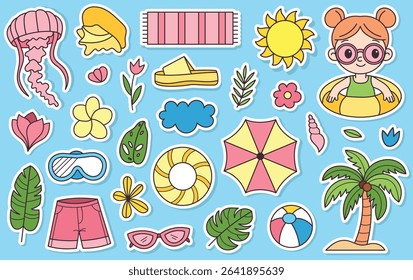 Summer sticker set in fun doodle cartoon style with bright colors. Includes sun, ice cream, sunglasses, tropical drinks, and more. Perfect for planner stickers, scrapbooking, digital products