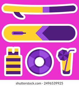 Summer sticker set. Illustration on the theme of surfing and the beach. An image of a surfboard, a drink, a lifebuoy, a shirt. Elements on a bright pink background.
