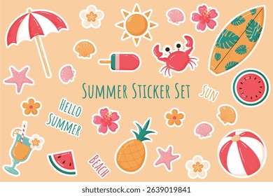 Summer sticker set isolated on beige background.  Collection of stickers with watercolor texture. Surfboard, beach umbrella,sun, flowers, shells,fruits,cocktails, ball. Vector illustration. 