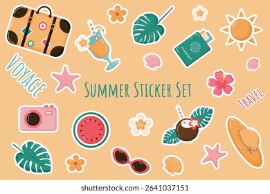 Summer sticker set isolated on beige background. Collection of stickers with watercolor texture.Suitcase, hat, sunglasses, sun, shells,fruits,cocktails, camera, passport.Vector illustration