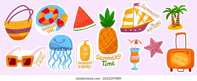 Summer sticker set with sea animal, beach and vacantion elements. Flat illustrations of pineapple, sailboat, beach bag, jellyfish, watermelon, swimming ring, hand drawn lettering. Vector illustration