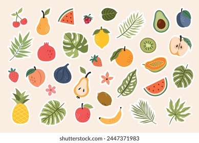 Summer sticker set with tropical leaves, plants and fruits