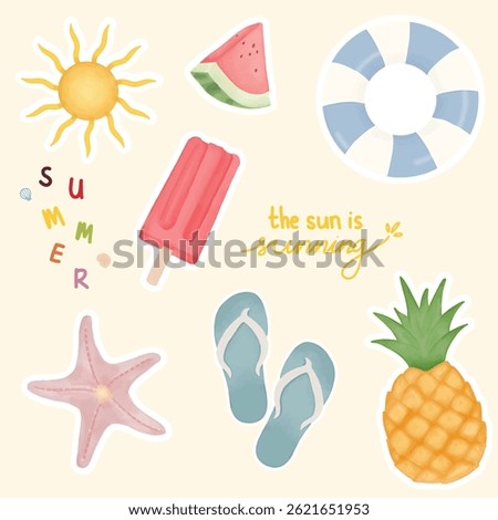 summer sticker set vector illustration with tropical fruits and beach vacation elements