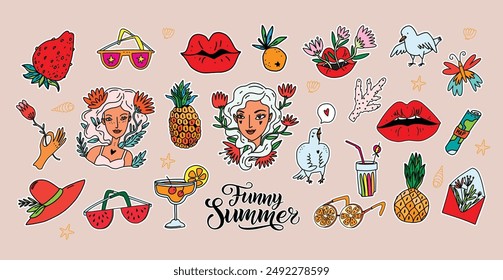 Summer sticker set, vibrant elements with fruits, beautiful women, summer refreshing drinks, birds and and fun accessories for a lively seasonal design. Delightful colorful hand drawn illustrations