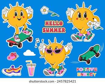 Summer stickers character Sun in retro cartoon style. Set of Sun with face, legs and arms on a skateboard, with a flower, drink, butterfly, shoes and phrases. Sticker, print, poster. Vector design