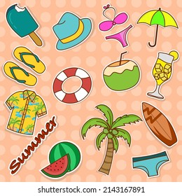 Summer Stickers.  Clothes, coconut water, swimming trunks, swimwear, rubber rings, watermelon, flip flops, hats, coconut trees, umbrellas, surfboards. Doodle vector illustration.