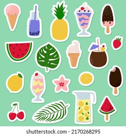 Summer stickers collection. Summer drinks, fruit, berries, ice creams tropical leaves. Isolated vector illustration.