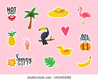 Summer stickers collection on pink background. Cute doodle design elements for cards, posters, party invitation. Summer party set for scrapbooking. Vector illustration.