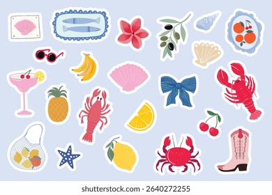 Summer stickers collection in retro style, aesthetic elements, Mediterranean vibe