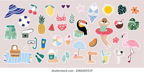 Summer stickers collection, seasonal elements, tropical vibe