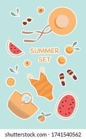 Summer stickers collection. Vector illustration of funny summer symbols and icons, such as watermelon, peaches, orange juice, sandals, swimming suit, hat and sunglasses. Isolated on white.
