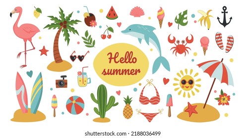 Etiquetas de verano. Colección de recortes. Viaje en verano. Vacaciones en la playa. Cóctel de fiesta. Hola bebida tropical. Flamingo y delfín. Tomar el sol o practicar surf. Conjunto de ilustraciones de vector