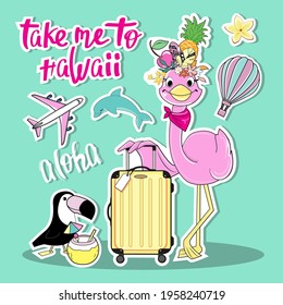 Summer stickers with flamingo and suitcase. Vector illustration for kids t-shirt design. Vacation and travel concept
