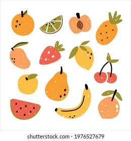 Сute summer stickers with fruits, pineapple, apple, avocado, kiwi, lemon, strawberry, orange, pear, cherry watermelon and peach. Vector illustration