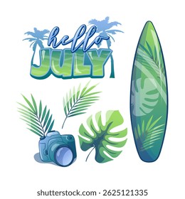 Summer stickers with handwritten text, camera, palm leaves and surfboard