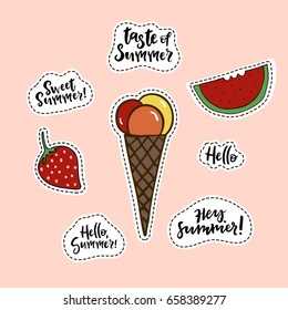 Summer stickers with ice cream, watermelon, strawberry and summer lettering. Patch style illustration.