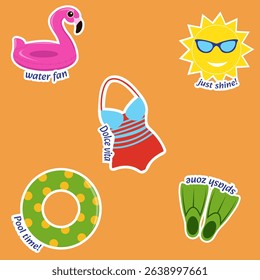 Summer stickers with inscriptions, orange background, lifebuoy, inflatable flamingo, fins, sun, swimsuit, swimming, vacation, sea, pool, summer, bathing accessories