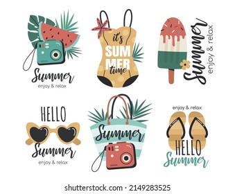 Summer stickers with inscriptions. A set of images on the theme of vacation and summer.