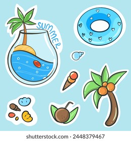 summer stickers isolated, set of summer elements in cartoon style