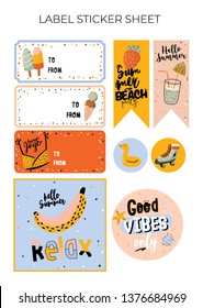 Summer stickers, label and git tag with cute holiday elements and lettering. Hand drawn trendy style. Vector. Good for invitations, banners, web, posters, stickers, stationery, cards and flyers