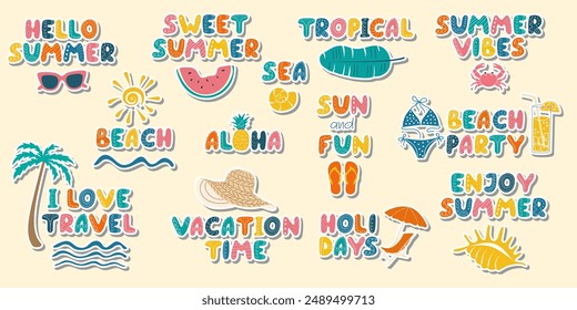 Summer stickers with Lettering and seasonal elements collection. Colorful hand drawn sea holidays illustration. Cute funny summer Vacation Beach sticker pack. Element for Design