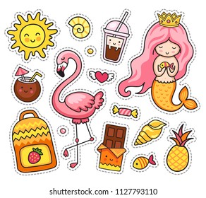 Summer stickers. Little mermaid with pink hair, flamingo, sun, sea shell, chocolate, coconut, pineapple, fish, coffee, drink, beverage, yellow backpack, heart. Set of cartoon patches, badge, pins.