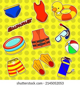 Summer stickers and scuba gear. Swimming rings, life jackets, swim trunks, briefs, swimwear, oxygen gas, and rubber balls.  doodle vector illustration