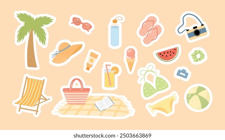 Summer stickers set. Set of beach holiday, elements for sea, summer vacation trip. Hello summer. Swimsuit, sun hat, glasses, ball, watermelon, ice cream, drink, towel, flip-flops, sun cream, bottle.