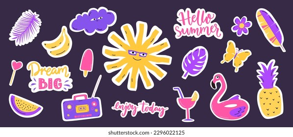Summer stickers set, bold colorful illustration of sun, flamingo swimming trunk, tropic leaves and inspirational quotes. Retro patches design elements