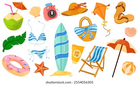 Summer Stickers Set. Collection of scrapbooking elements for holiday and beach party. Tropical vacation. Bright summertime poster. Hand draw vector illustration isolated on the white background.