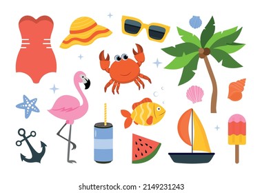 Summer stickers set. Collection of tropical elements, vacation and travel. Animals, plants, ice cream and cold refreshing drinks. Cartoon flat vector illustrations isolated on white background