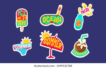 Summer Stickers Set, Cute Holidays Trendy Patches Vector Illustration