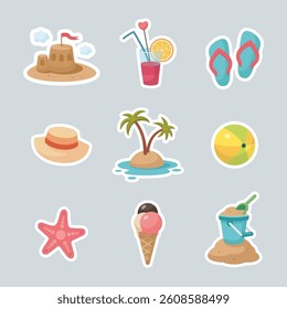 Summer stickers Set. Cute summer icons collection, sticker pack. Summertime elements. Beach holidays elements. Cartoon vector illustration. Flat design.