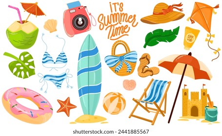 Summer Stickers Set for daily planner. Tropical vacation. Collection of scrapbooking elements for beach party. Vector hand draw illustration 